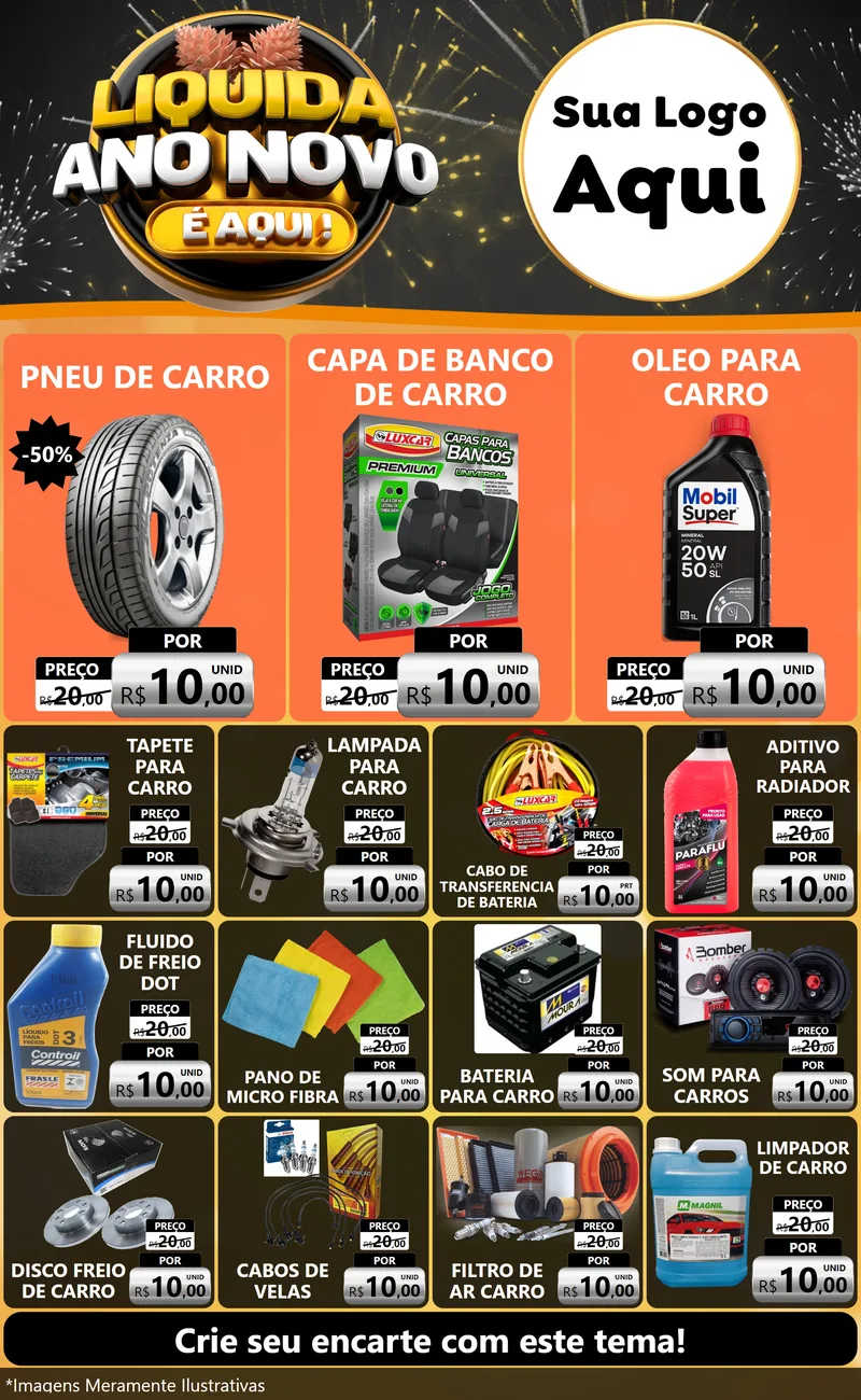 Modelo de Encarte para Encarte Grande com o tema Liquida Ano Novo É Aqui! para Auto peças