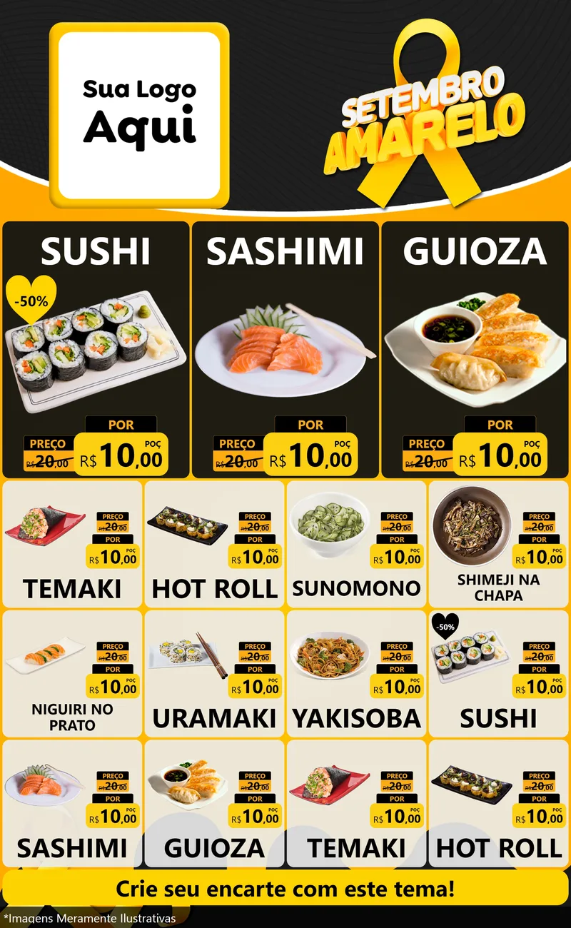 Modelo de Encarte para Encarte Grande com o tema Setembro Amarelo para Comida japonesa