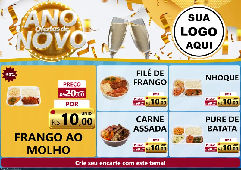 Modelo de Encarte para Encarte A4 Horizontal com o tema Ofertas de Ano Novo para Restaurante