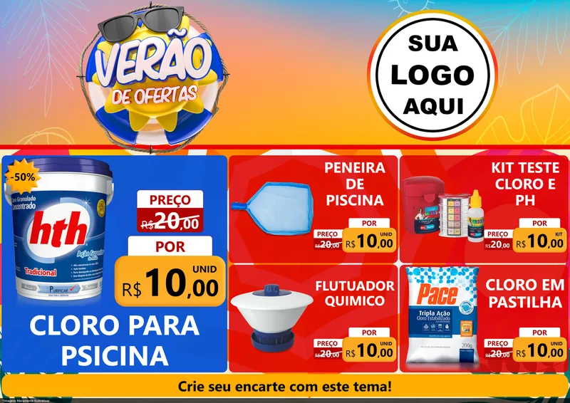 Modelo de Encarte para Encarte A4 Horizontal com o tema Verão de Ofertas para Produtos para Piscina