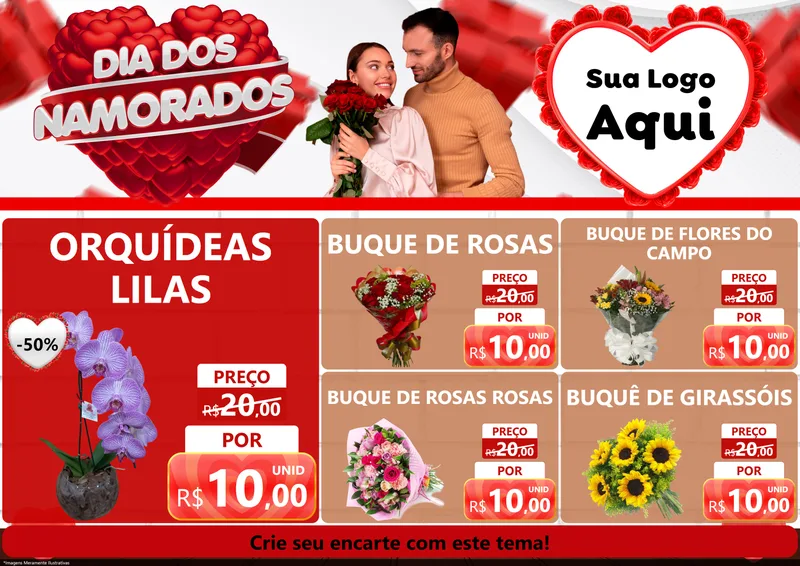 Modelo de Encarte para Encarte A4 Horizontal com o tema Dia dos Namorados para Floricultura e jardim