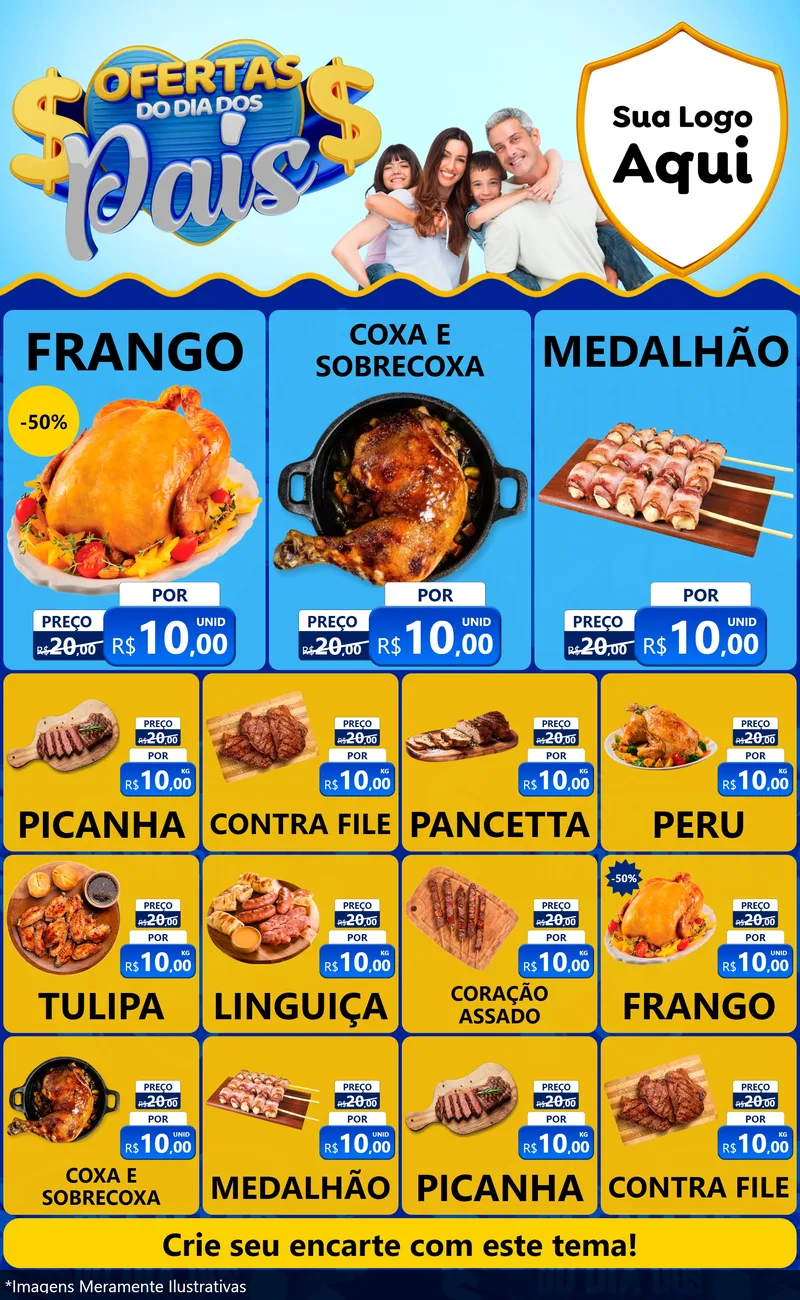 Modelo de Encarte para Encarte Grande com o tema Ofertas do Dia dos Pais para Assados