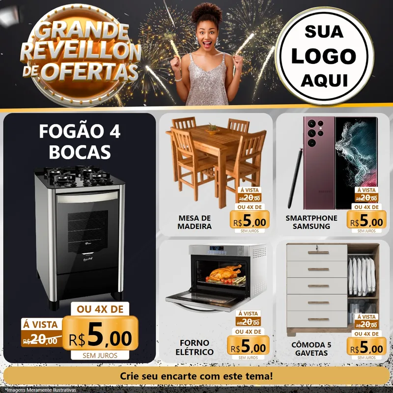 Modelo de Rede Social para Feed Facebook com o tema Grande Réveillon de Ofertas para Móveis e Eletro