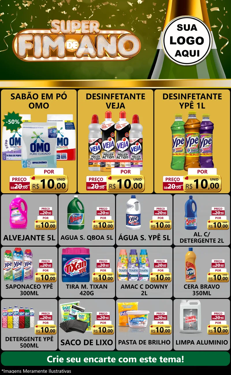 Modelo de Encarte para Encarte Grande com o tema Super Fim de Ano para Produtos de Limpeza