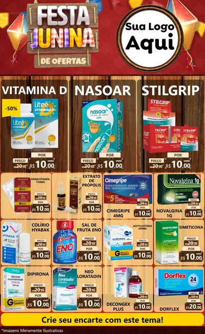 Modelo de Encarte para Encarte Grande com o tema Festa Junina de Ofertas para Farmácia