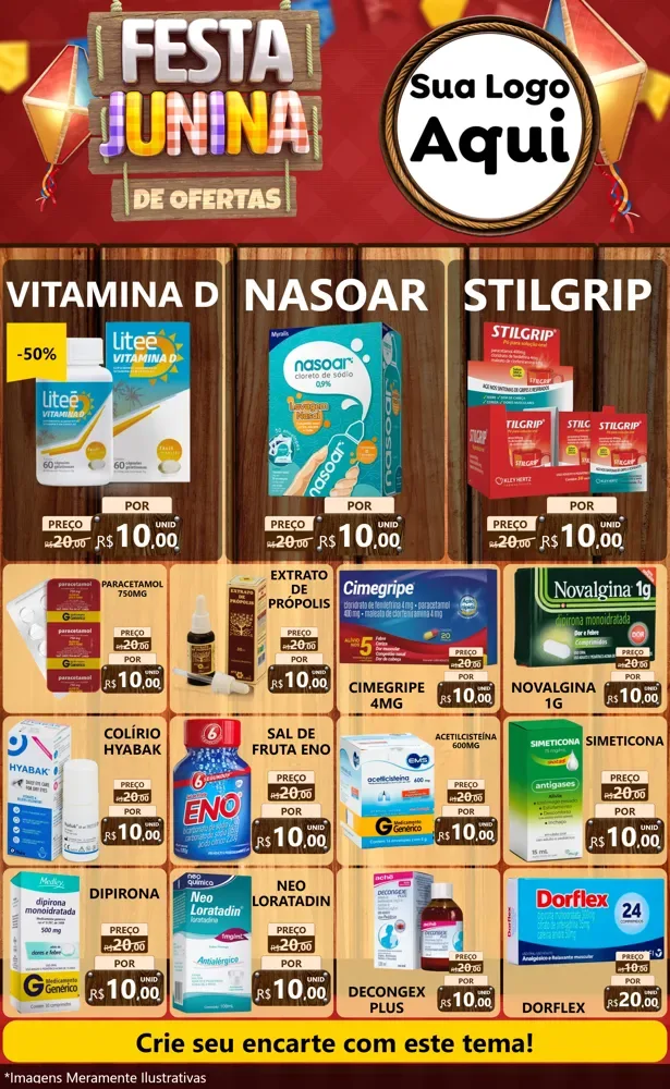 Modelo de Encarte para Encarte Grande com o tema Festa Junina de Ofertas para Farmácia
