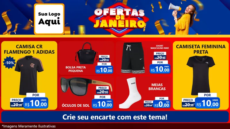 Modelo de TV para TV Horizontal com o tema Ofertas de Janeiro para Roupas e acessórios