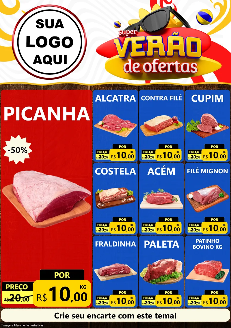 Modelo de Encarte para Encarte A4 Vertical com o tema Super Verão de Ofertas para Açougue
