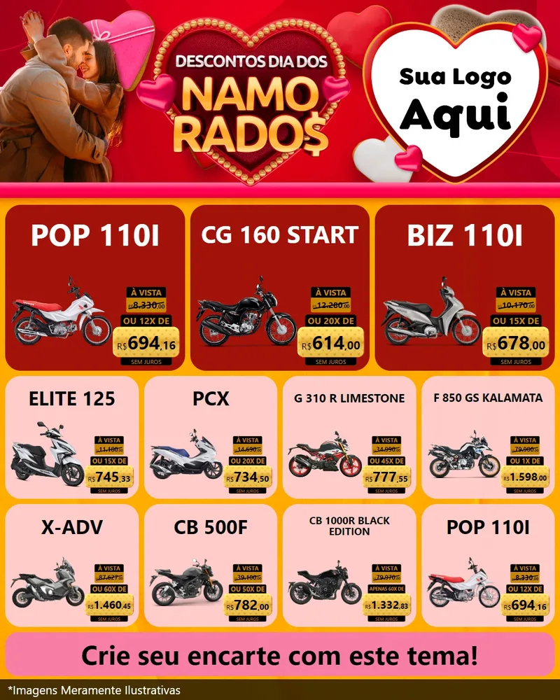 Modelo de Rede Social para Feed Instagram com o tema Descontos Dia dos Namorados para Concessionaria de Motos