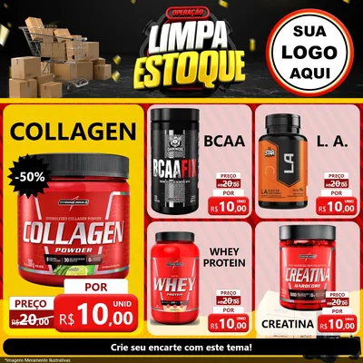 Modelo de Rede Social para Feed Facebook com o tema Operação Limpa Estoque para Suplementos alimentares