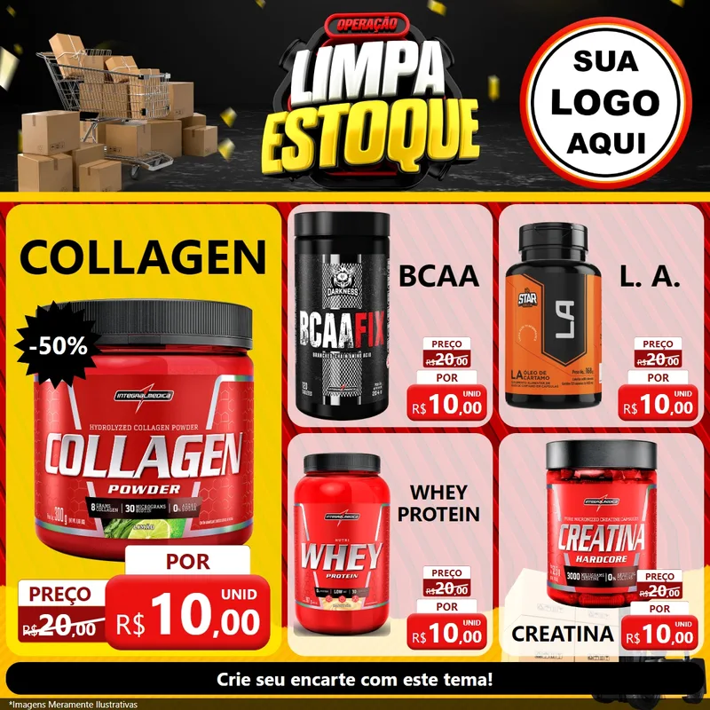 Modelo de Rede Social para Feed Facebook com o tema Operação Limpa Estoque para Suplementos alimentares