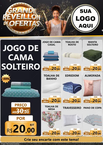 Modelo de Encarte para Encarte A4 Vertical com o tema Grande Réveillon de Ofertas para Cama, Mesa e Banho