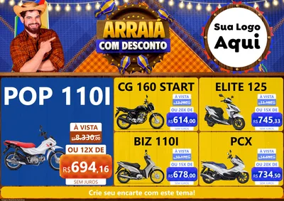 Modelo de Encarte para Encarte A4 Horizontal com o tema Arraiá Com Desconto para Concessionaria de Motos