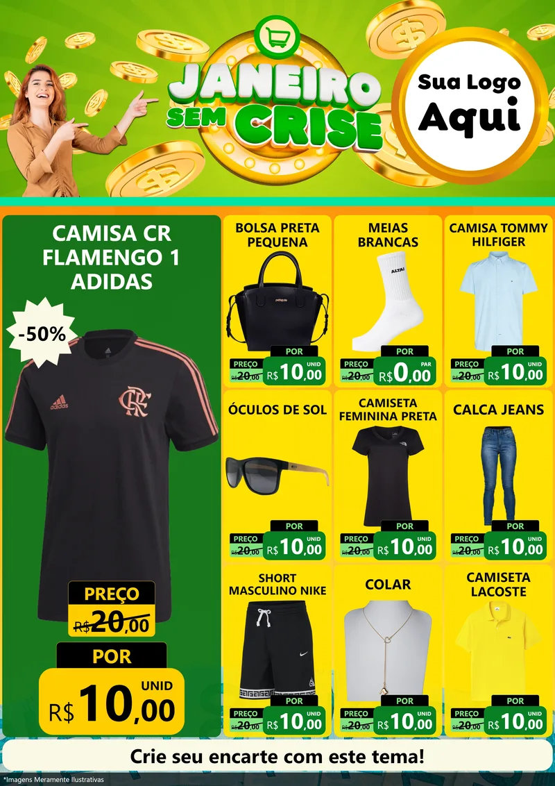 Modelo de Encarte para Encarte A4 Vertical com o tema Janeiro Sem Crise para Roupas e acessórios