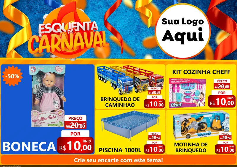 Modelo de Encarte para Encarte A4 Horizontal com o tema Esquenta de Carnaval para Brinquedos