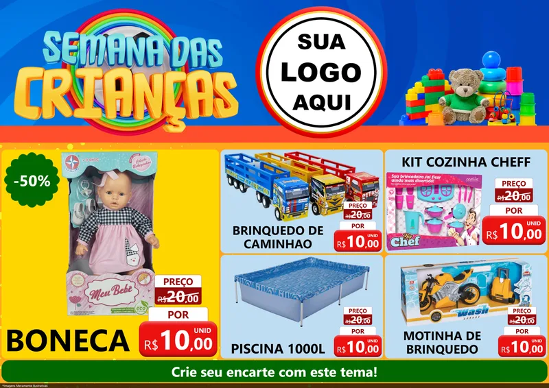 Modelo de Encarte para Encarte A4 Horizontal com o tema Semana das Crianças para Brinquedos