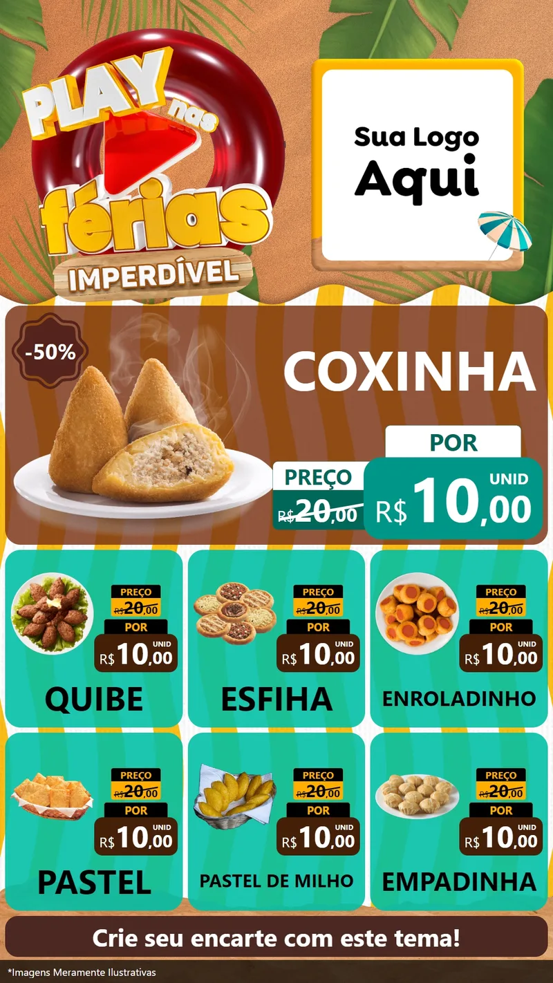 Modelo de Rede Social para Stories com o tema Play Nas Férias Imperdível para Salgadaria