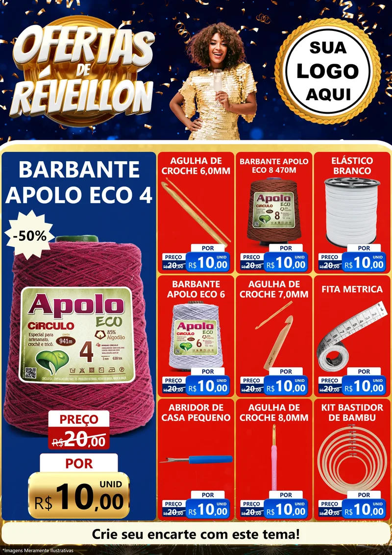 Modelo de Encarte para Encarte A4 Vertical com o tema Ofertas de Réveillon para Armarinho e Aviamentos