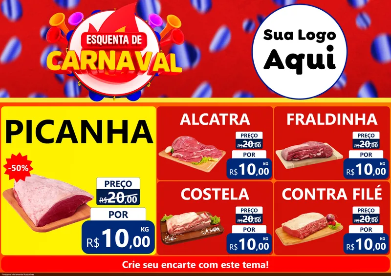 Modelo de Encarte para Encarte A4 Horizontal com o tema Esquenta de Carnaval para Açougue