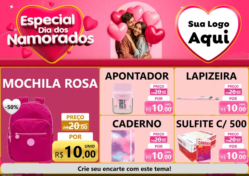 Modelo de Encarte para Encarte A4 Horizontal com o tema Especial Dia dos Namorados para Papelaria