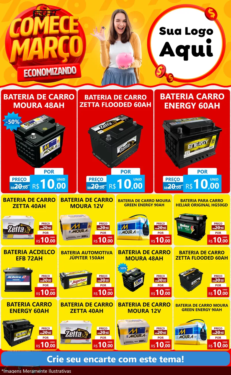 Modelo de Encarte para Encarte Grande com o tema Comece Março Economizando para Baterias Elétricas