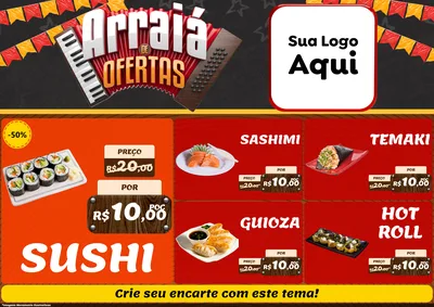 Modelo de Encarte para Encarte A4 Horizontal com o tema Arraiá de Ofertas - Junina para Comida japonesa