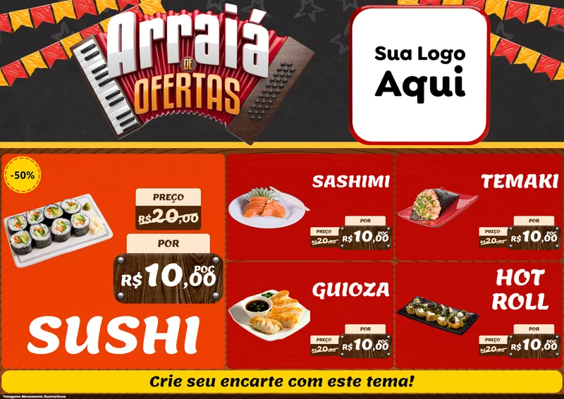 Modelo de Encarte para Encarte A4 Horizontal com o tema Arraiá de Ofertas - Junina para Comida japonesa