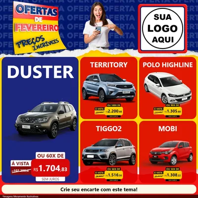 Modelo de Rede Social para Feed Facebook com o tema Ofertas de Fevereiro - Preços Incríveis para Concessionaria de Carros