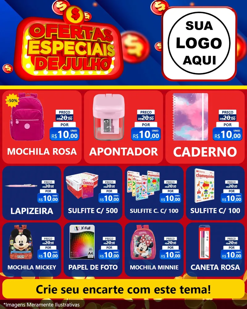 Modelo de Rede Social para Feed Instagram com o tema Ofertas Especiais de Julho para Papelaria