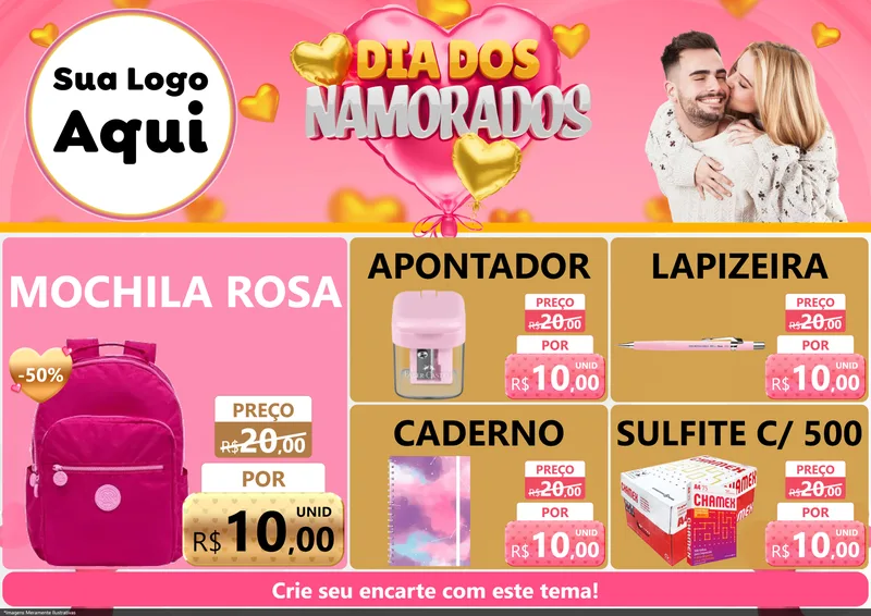 Modelo de Encarte para Encarte A4 Horizontal com o tema Dia dos Namorados para Papelaria