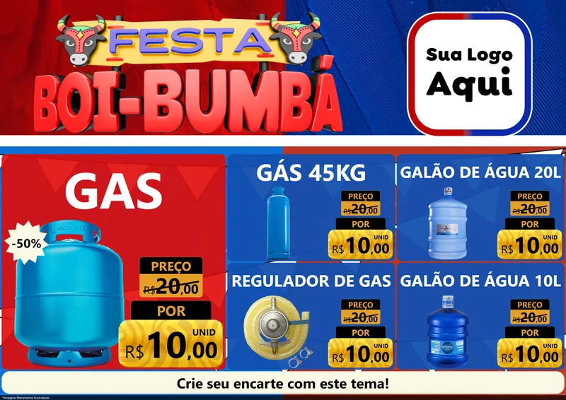 Modelo de Encarte para Encarte A4 Horizontal com o tema Festa Boi Bumbá para Água e gás