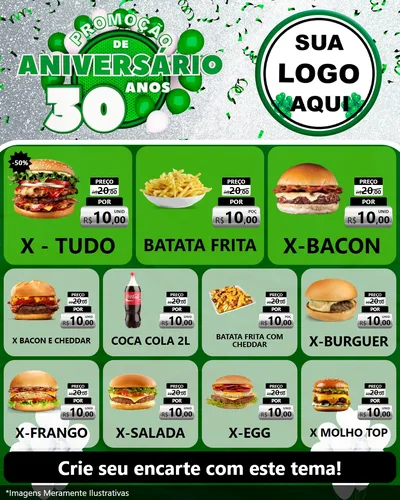 Modelo de Rede Social para Feed Instagram com o tema Promoção de Aniversário - 30 Anos para Hamburgueria