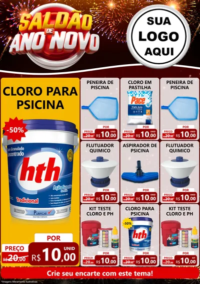 Modelo de Encarte para Encarte A4 Vertical com o tema Saldão de Ano Novo para Produtos para Piscina