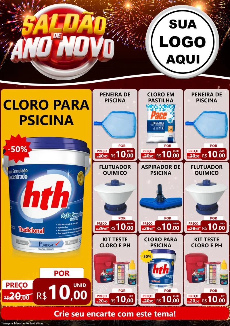 Modelo de Encarte para Encarte A4 Vertical com o tema Saldão de Ano Novo para Produtos para Piscina
