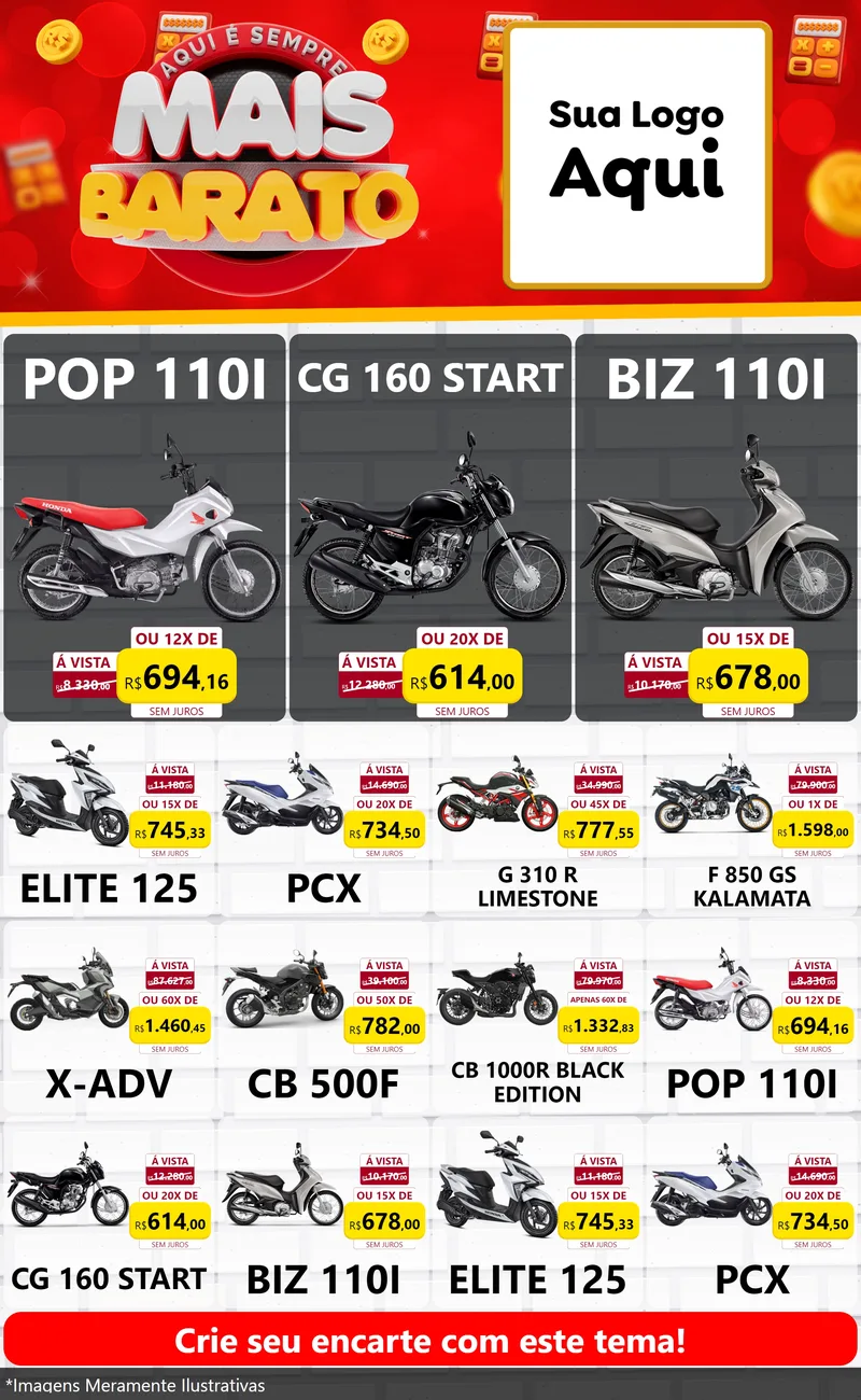 Modelo de Encarte para Encarte Grande com o tema Mais Barato para Concessionaria de Motos