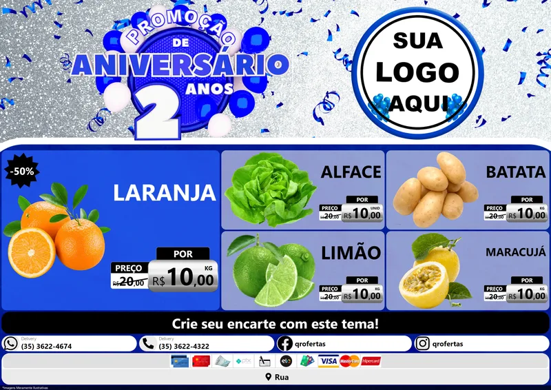 Modelo de Encarte para Encarte A4 Horizontal com o tema Promoção de Aniversário - 2 Anos para Hortifrúti