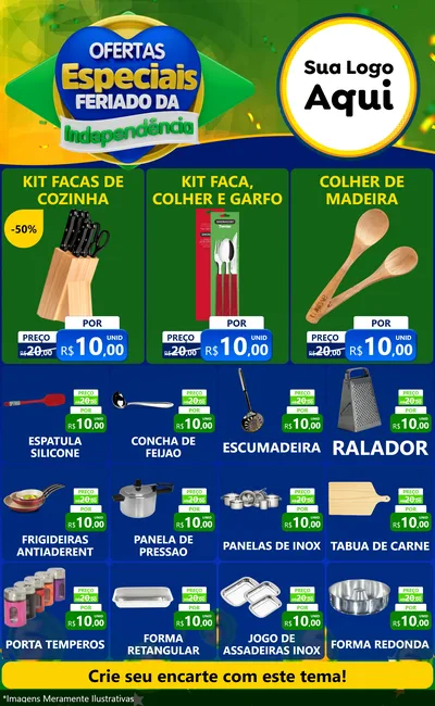 Modelo de Encarte para Encarte Grande com o tema Ofertas Especiais Feriado da Independência para Utilidades Domésticas