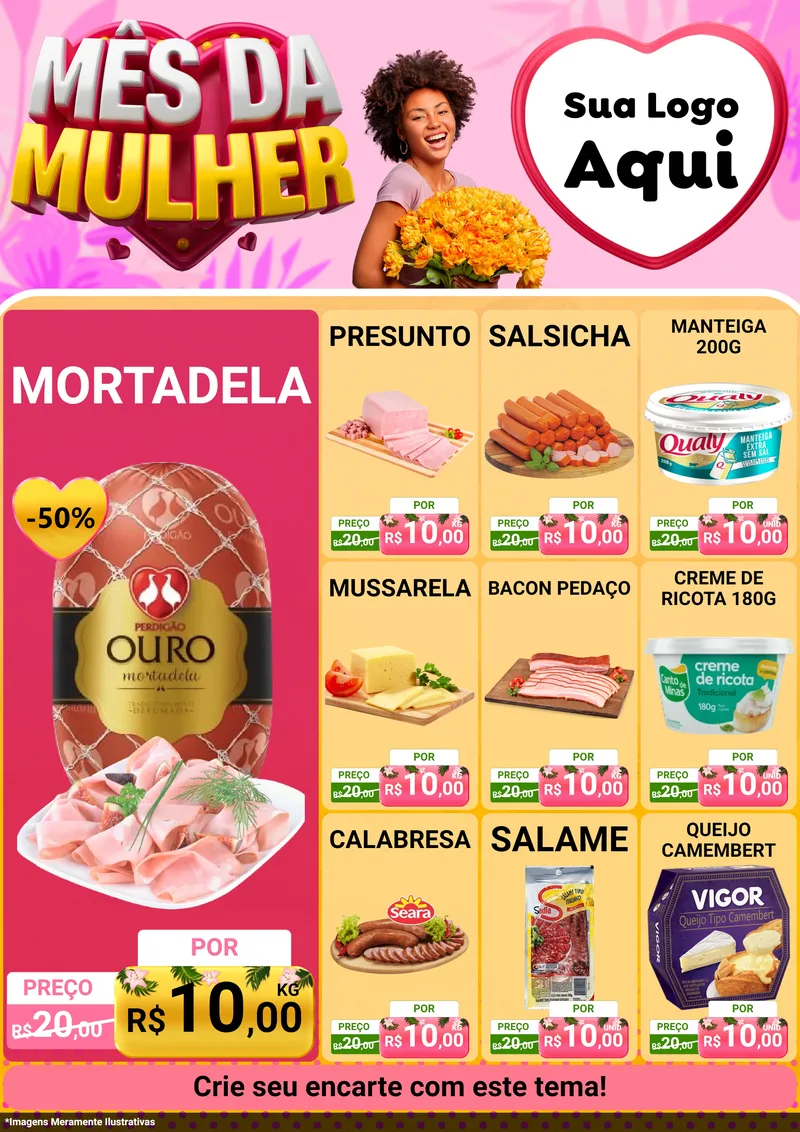 Modelo de Encarte para Encarte A4 Vertical com o tema Mês da Mulher para Frios e Laticínios