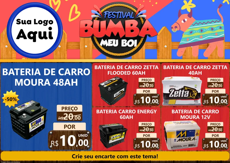Modelo de Encarte para Encarte A4 Horizontal com o tema Festival Bumba Meu Boi para Baterias Elétricas