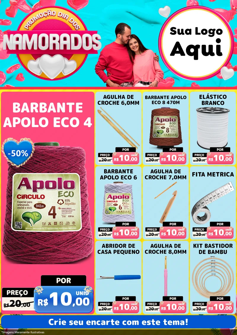 Modelo de Encarte para Encarte A4 Vertical com o tema Promoção Dia dos Namorados para Armarinho e Aviamentos