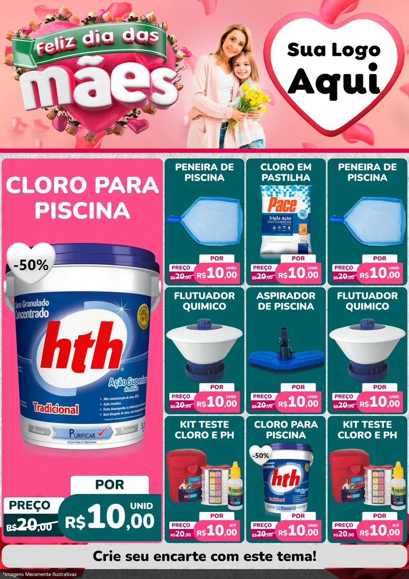 Modelo de Encarte para Encarte A4 Vertical com o tema Feliz Dia das Mães para Produtos para Piscina