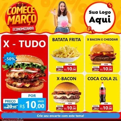 Modelo de Rede Social para Feed Facebook com o tema Comece Março Economizando para Hamburgueria