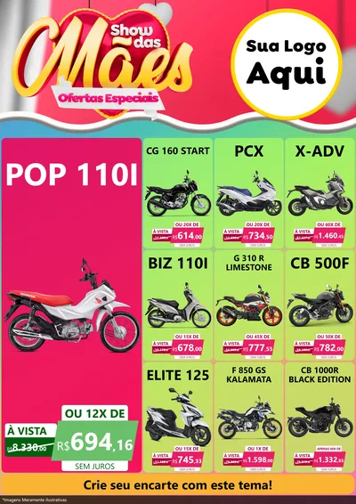 Modelo de Encarte para Encarte A4 Vertical com o tema Show das Mães - Ofertas Especiais para Concessionaria de Motos