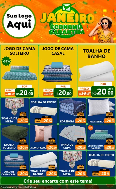 Modelo de Encarte para Encarte Grande com o tema Janeiro - Economia Garantida para Cama, Mesa e Banho
