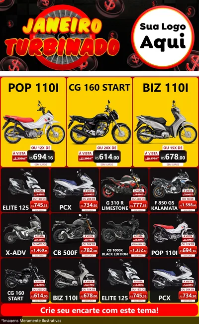 Modelo de Encarte para Encarte Grande com o tema Janeiro Turbinado para Concessionaria de Motos