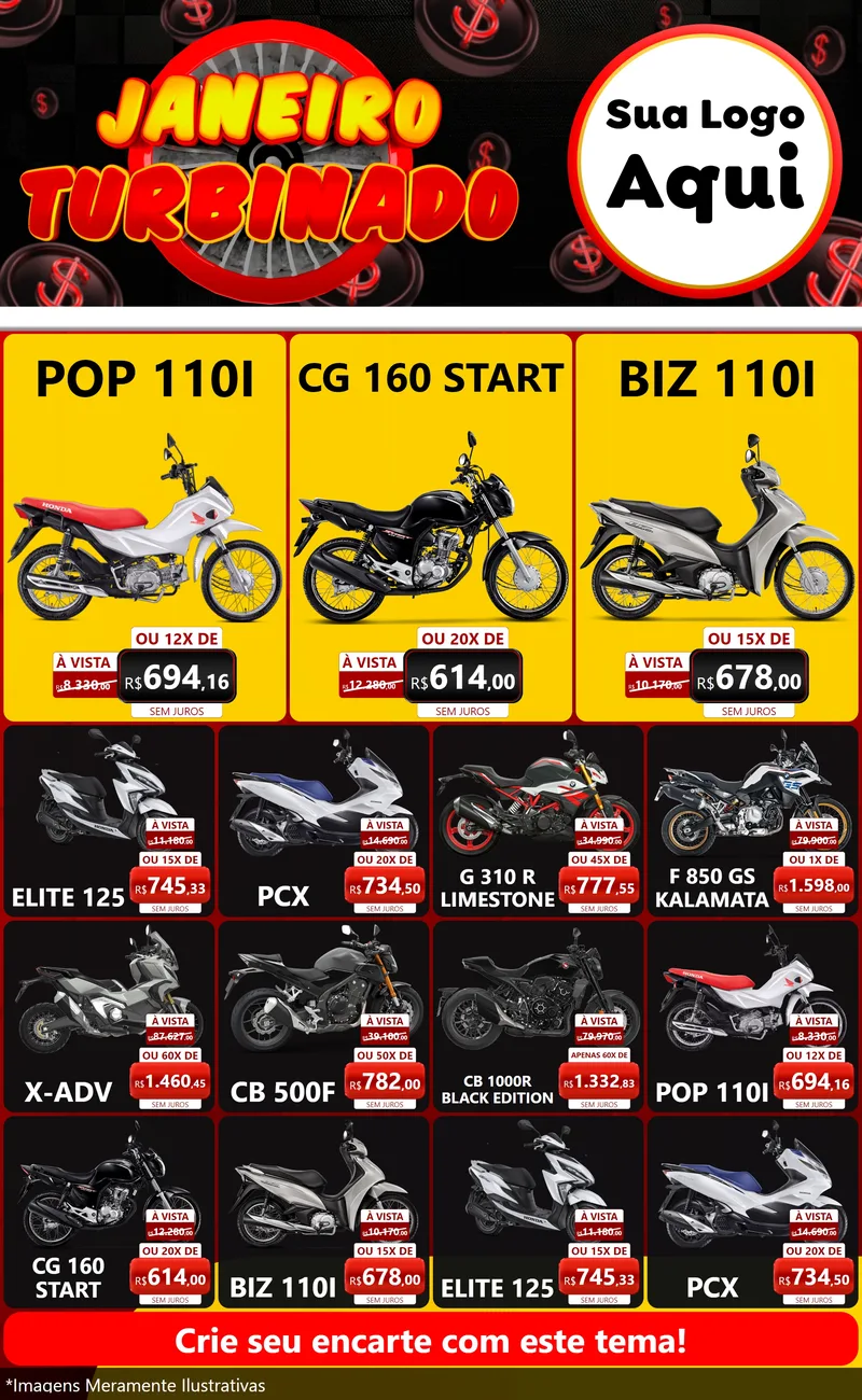 Modelo de Encarte para Encarte Grande com o tema Janeiro Turbinado para Concessionaria de Motos
