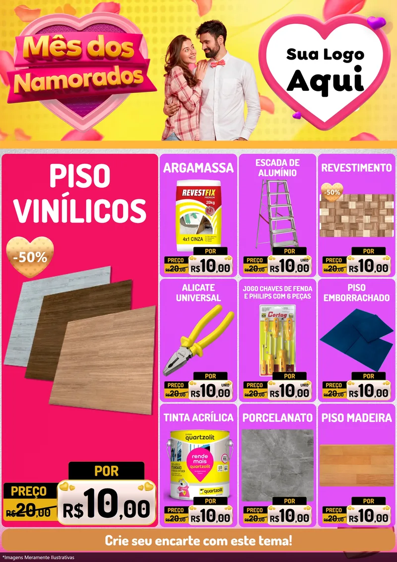 Modelo de Encarte para Encarte A4 Vertical com o tema Mês dos Namorados para Material para Construção