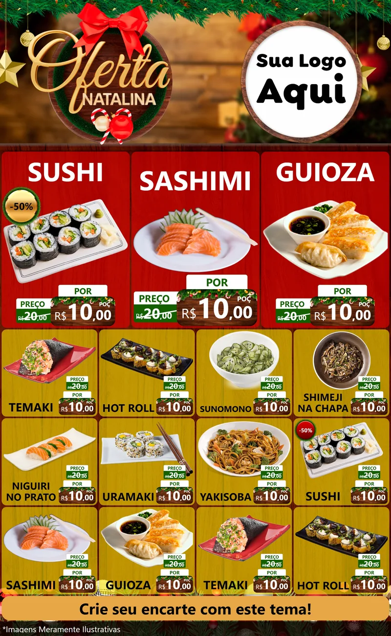 Modelo de Encarte para Encarte Grande com o tema Ofertas Natalina para Comida japonesa