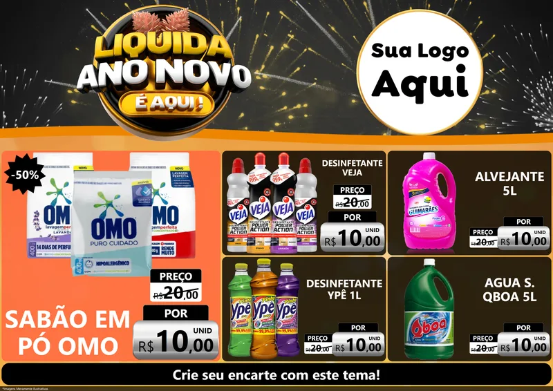 Modelo de Encarte para Encarte A4 Horizontal com o tema Liquida Ano Novo É Aqui! para Produtos de Limpeza