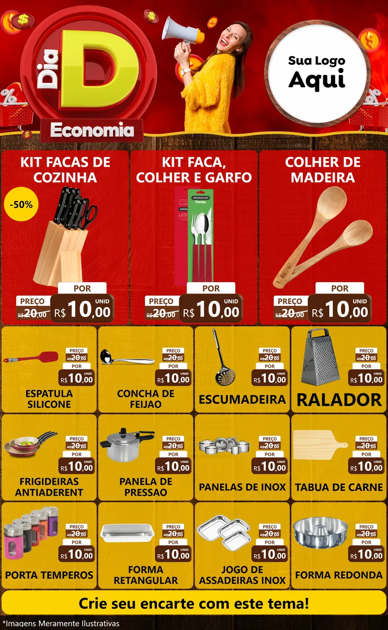 Modelo de Encarte para Encarte Grande com o tema Dia D Economia para Utilidades Domésticas